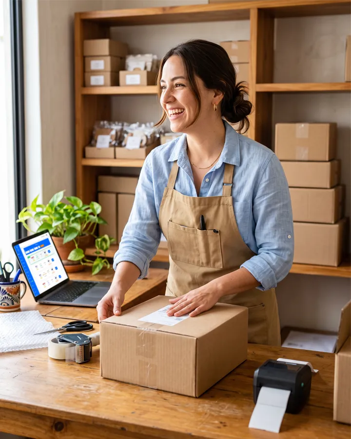 Emprendedora empacando un pedido con su guía de envío prepagada junto a su laptop