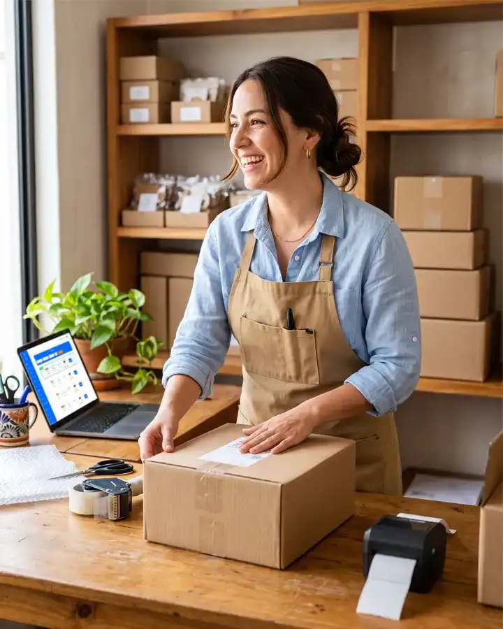 Emprendedora empacando un pedido con su guía de envío prepagada junto a su laptop