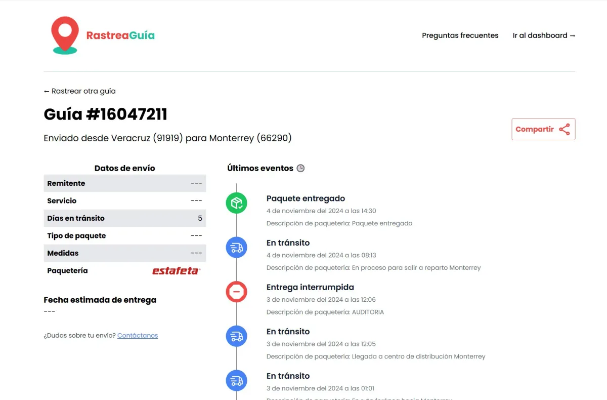 Página de rastreo personalizada mostrando el estado de un envío